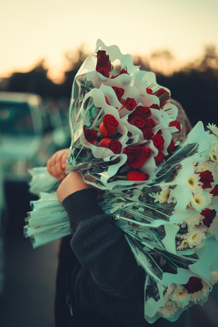 A person holding a large, vibrant bouquet of fresh red roses, white calla lilies, and small white daisies wrapped in clear cellophane and light blue tissue paper. The arrangement features lush green s