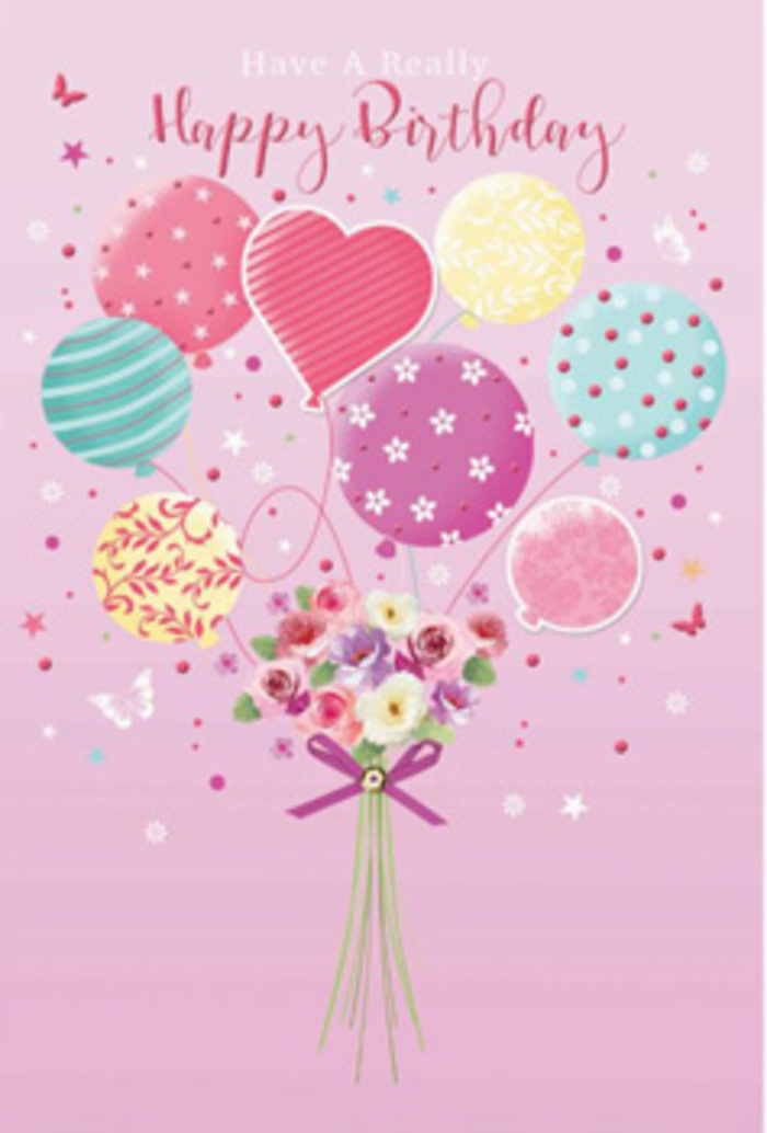 There is a gentle sense of jubilation woven through this birthday card artwork, as if it holds a small celebration in the heart of Charing Cross. The background is a soft, rosy pink tone, creating a calm stage that lets the colours of the balloons and blooms glow with quiet confidence. From the lower edge of the image, a hand-tied bouquet rises, composed of petite roses and daisy-like flowers in creamy white, blush, and rose-pink tones. Each petal is shaded with utmost care, giving the impression of real, velvety blossoms freshly arranged on a workbench just off the Strand. The stems are bound tightly but tenderly with a sparkling purple ribbon, forming a neat bow that glints as though catching beams of afternoon light from a nearby window overlooking Trafalgar Square. Above this bouquet, a joyful cluster of pastel balloons seems to lift the entire arrangement upward. Soft yellows, lavender, fuchsia, and sea greens blend seamlessly, each balloon decorated with delicate patterns: twirling stripes reminiscent of festive bunting, dots that bounce like laughter in a crowded café, and floral motifs that echo the forms of the bouquet below. A heart-shaped balloon at the centre glows a touch brighter, symbolising affection at the core of the celebration. Scattered stars and whimsical butterflies drift through the scene, giving it a dreamlike quality, as if the bouquet and balloons were caught in a perfect moment just before being carried along the Embankment. The overall feeling is one of affection and careful craftsmanship-a birthday greeting that suggests time, thought, and local expertise were poured into every detail, much like a bespoke arrangement lovingly prepared for delivery around Charing Cross.