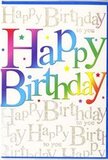 This image shows a joyful birthday card whose design captures the lively spirit of central London around Charing Cross. The main feature is the phrase Happy Birthday, displayed in large, rounded letters that feel inviting and upbeat. Each letter is filled with a seamless gradient of colour, travelling through a rainbow that begins with rich crimson, raspberry, and fuchsia tones, then glides into royal purple, vivid indigo, and clear sky blue, before flowing on to turquoise, leaf green, and warm golden shades. The smooth flow of colour feels like stage lights gently changing during a performance near the Strand, creating a sense of motion and excitement even in this still image. Behind the bold lettering, the entire background is patterned with delicate, looping cursive that quietly repeats Happy Birthday to you in fine gold script. The handwriting-style text is light and airy, arranged in soft horizontal bands so it reads more as a shimmering texture than as separate lines of writing, adding depth and sophistication without clutter. Small star motifs and dot-like specks, echoing the rainbow tones and gold, appear sprinkled around the main message, invoking the feel of party confetti or the sparkle of fireworks glimpsed above the Thames. The card appears to be printed on a smooth, quality cardstock with a subtle sheen, catching just enough light to make the metallic elements glow gently. Altogether, the effect is bright, modern, and festive, the kind of birthday card that would look perfectly at home next to a colourful bouquet delivered by Charing Cross Florist to a celebration dinner near Embankment or a birthday gathering in a nearby office.