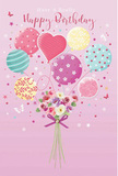 This birthday card illustration feels like a breath of pastel joy floating above the busy streets of Charing Cross, offering a pocket of calm celebration amid the city's rhythm. The scene is set against a soft pink background, gentle and embracing, like the first light over the nearby Thames. At the base, a hand-tied bouquet forms the heart of the design, with delicate roses and anemone-like blossoms clustered together in tones of creamy ivory, blush pink, and muted mauve. Their petals are depicted with soft, layered strokes that suggest velvety texture and freshness, as though they've just been placed in the arms of a lucky recipient near the Strand. A violet satin bow secures the stems neatly, its rich colour and subtle shine adding a refined flourish that hints at professional florist care. Above the bouquet, a playful gathering of pastel balloons drifts upward-some rounded and smooth, others gracefully elongated, and one heart-shaped balloon glowing at the centre like a symbol of affection. The balloons are painted in pinks, sea greens, lemony yellows, and lavender, each adorned with candy-striped patterns, dancing polka dots, floral details, or swirling lines that mimic curling ribbon. Tiny stars and fluttering butterflies scatter across the composition, creating a sense of gentle motion, as if a light breeze from the Embankment has just caught the strings. The overall mood is airy, sweet, and perfectly festive. It suggests a birthday moment that is not grand or loud, but deeply personal and memorable-much like receiving a hand-delivered bouquet at an office or theatre entrance near Charing Cross, created by someone who understands the language of colour, texture, and sincere celebration.