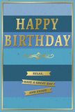 Set against a soothing backdrop of layered blues, this birthday card feels perfectly at home in the quieter corners around Charing Cross, where the city meets the river. The design is dominated by broad, horizontal stripes that drift from a rich navy at the top down through softer blue tones, ending in a pale, restful shade near the bottom-like the gradual brightening of the sky over the Thames on a clear morning. In the centre, the statement HAPPY BIRTHDAY is embossed in substantial gold lettering, each capital slightly raised and gleaming with a warm metallic glow. The gold has a polished yet gentle sheen, echoing the refined details you might notice around Trafalgar Square and the Strand. Just beneath the main greeting, an elegant golden flourish stretches gracefully from side to side, acting as a delicate bridge to the message below. Three slim gold banners rest in the lower portion of the card, lined up neatly and imprinted with the friendly instruction: Relax, have a great day and enjoy! Their reflective surfaces stand out against the matte blue bands, adding visual interest and a subtle sense of movement as the light plays across them. A fine gold border wraps around the edge of the card, keeping the composition contained and harmonious, like a carefully framed piece of artwork. One can imagine this card paired with a fresh floral delivery around Charing Cross or Embankment, standing on a desk or bedside table, gently reminding the birthday recipient to pause, feel cherished, and savour the quieter joys of their special day.